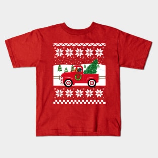 Black Labrador Red Truck Christmas Ugly Sweater Kids T-Shirt